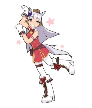 1girl absurdres animal_ears armband blunt_bangs boots bow bowtie breasts brown_hat commentary dress ear_bow ear_ribbon english_commentary full_body gloves gold_ship_(red_strife)_(umamusume) gold_ship_(umamusume) grey_hair hat highres horse_ears horse_girl horse_pose horse_tail leggings long_hair looking_at_viewer open_mouth pancake-hime pantyhose pillbox_hat purple_bow purple_eyes red_bow red_dress simple_background sleeveless sleeveless_dress smile solo sparkle star_(symbol) striped_armband striped_clothes tail teeth thigh_strap umamusume white_background white_boots white_gloves white_leggings white_pantyhose