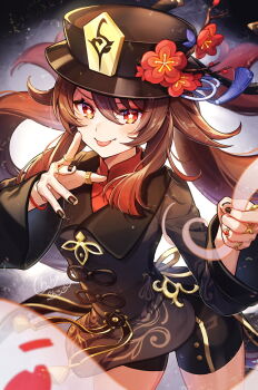 1girl black_hat black_nails black_shirt black_shorts blush boo_tao_(genshin_impact) brown_hair closed_mouth commentary cowboy_shot flower-shaped_pupils genshin_impact hair_between_eyes hat highres hu_tao_(genshin_impact) jewelry long_hair long_sleeves looking_at_viewer nail_polish red_eyes ring shinishi_chiho shirt shorts smile solo symbol-shaped_pupils tongue tongue_out