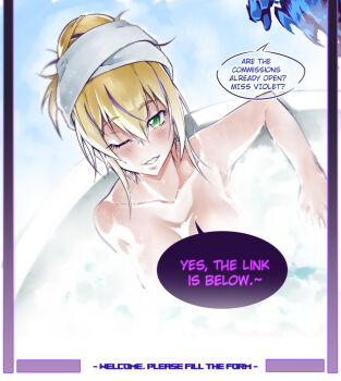 1girl bathtub blonde_hair blush breasts commentary digimon digimon_card_game digimon_liberator english_commentary english_text ghostmon green_eyes hair_tied_together highres keyliom multicolored_hair nude one_eye_closed partially_submerged purple_hair smile solo_focus speech_bubble streaked_hair two-tone_hair violet_inboots