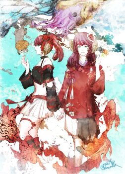 2girls aqua_eyes au_ra black_choker brown_horns choker commentary_request copyright_name final_fantasy final_fantasy_xiv fish floral_print flower hair_flower hair_ornament hand_up hisui_(ff14) holding_hands horns interlocked_fingers japanese_clothes kurenai_(ff14) long_hair miniskirt multiple_girls navel otter ponytail red_flower red_hair ruka_(blueplus84) scales shorts skirt squid tassel thigh_strap twitter_username white_shorts white_skirt