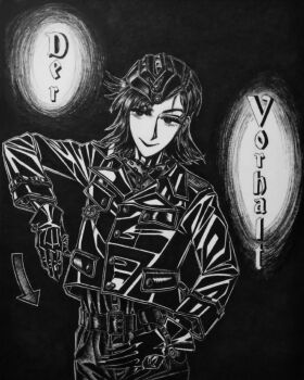 1girl belt belt_buckle black_lips bob_cut bodysuit bordfunker133 buckle check_clothing clothing_request commentary_request cougar_pattern cougar_pattern_foulard foulard genderswap genderswap_(mtf) german_text gesture gloves greyscale hans-joachim_marseille hat highres jacket leather leather_belt leather_jacket long_hair looking_at_viewer luftwaffe marseille-chan_(bordfunker133) military military_uniform monochrome nazi nazi_party_pin original real_life shoulder_boards smile soldier solo swastika world_war_ii