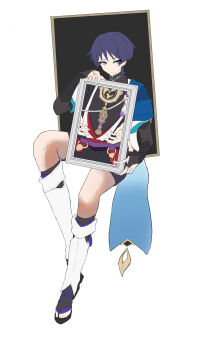 1boy arm_at_side armor black_bridal_gauntlets black_kimono black_sandals black_shorts blue_cape blue_eyes blue_sleeves blunt_ends bridal_gauntlets cape different_zoom_layer eyeliner eyeshadow fingernails full_body furisode genshin_impact gnosis_(genshin_impact) gold gold_ring hand_up highres holding holding_picture_frame japanese_armor japanese_clothes juban kimono kote kurokote layered_sleeves leg_warmers looking_at_viewer makeup male_focus middle_ring mitsudomoe_(shape) o-ring open_clothes open_hands open_kimono parted_lips picture_frame purple_eyes purple_rope purple_sash red_eyeliner red_eyeshadow red_kimono red_sash renkon_25251020 rope sandals sash scaramouche_(genshin_impact) shimenawa short_sleeves shorts sitting solo tassel toenails toes tomoe_(symbol) tsurime wanderer_(genshin_impact) white_background white_kimono white_leg_warmers white_rope white_sleeves wispy_bangs zouri