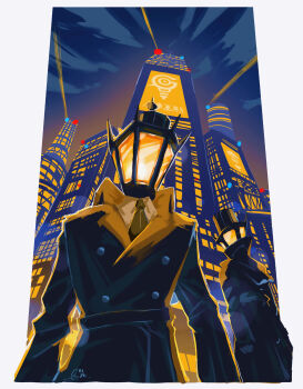 2boys absurdres arms_at_sides artist_name border building buttons city cloud coat commentary dated from_below gloves glowing hat highres lantern long_sleeves male_focus multiple_boys necktie night night_sky object_head original oshiro_(oshiro_0203) peacoat searchlight sky skyscraper top_hat white_border yellow_necktie