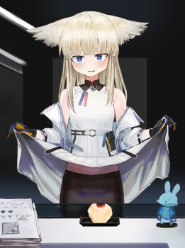 1girl amiya_(arknights) animal_ears apple arknights arknights:_endfield bare_shoulders bird_ears bird_girl black_pantyhose blonde_hair blue_eyes blush clothes_lift commentary_request desk dress dress_lift flashing food fruit highres hologram indoors jacket lifting_own_clothes long_hair looking_at_viewer meme off_shoulder ok1teru open_clothes open_jacket pantyhose paper_stack perlica's_peeled_apple_(meme) perlica_(arknights) solo straight-on very_long_hair wavy_mouth white_dress