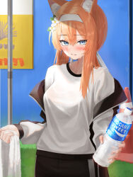 Rule 34 | 1girl, absurdres, animal ear fluff, animal ears, black shorts, blue archive, blue eyes, blush, bottle, breasts, cat ears, closed mouth, flower, gym shirt, gym shorts, gym uniform, hair between eyes, hair flower, hair ornament, headband, highres, holding, holding bottle, holding towel, hsxxx, jacket, long hair, mari (blue archive), mari (track) (blue archive), official alternate costume, open clothes, open jacket, orange hair, shirt, short sleeves, shorts, small breasts, solo, towel, track jacket, water bottle, white flower, white headband, white shirt, white towel
