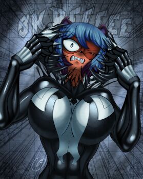 1girl abs absurdres animal_ears blue_hair brand_new_animal breasts claws commentary english_commentary fangs ghostichino highres kagemori_michiru large_breasts living_clothes looking_at_mirror looking_at_viewer marvel mask mirror she-venom spider-man_(series) symbiote tearing_clothes torn_clothes unworn_mask venom_(marvel)