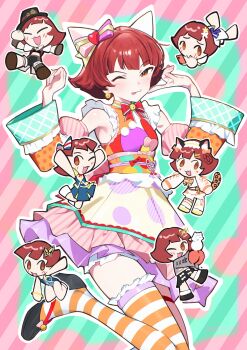 Rule 34 | 1girl, :3, ;p, animal ears, black shoes, bow, brown eyes, cat ears, chibi, chibi inset, create festival (idolmaster), dated, detached sleeves, diagonal-striped background, dress, hair bow, hands up, hashtag-only commentary, highres, idolmaster, idolmaster million live!, idolmaster million live! theater days, leg up, nonohara akane, official alternate costume, one eye closed, outline, red hair, shoes, sleeveless, sleeveless dress, striped background, striped clothes, striped thighhighs, thigh strap, thighhighs, tongue, tongue out, wave makers! (idolmaster), white outline, yabukara