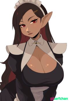 absurdres barfchan breasts cleavage cleavage_cutout clothing_cutout commentary dark-skinned_female dark_skin earrings english_commentary hair_ornament hairclip highres jewelry long_hair maid mole mole_under_mouth original pointy_ears red_eyes