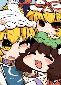 Rule 34 | 3girls, :3, :d, ^ ^, bad id, bad pixiv id, blonde hair, brown hair, cheek-to-cheek, chen, chibi, closed eyes, closed eyes, fang, fingernails, green headwear, hat, hat ribbon, heads together, inukoko, inunoko., long sleeves, mob cap, multiple girls, nail polish, one eye closed, open mouth, mob cap, red ribbon, ribbon, short hair, smile, sweat, touhou, yakumo ran, yakumo yukari