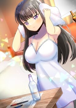 Rule 34 | 1girl, absurdres, arms up, bare arms, bare shoulders, bed, black hair, blurry, blurry background, blush, bottomless, breasts, cleavage, closed mouth, collarbone, commission, cork, depth of field, dress, dutch angle, highres, holding, holding towel, indoors, kou hiyoyo, lace, lace-trimmed dress, lace trim, large breasts, long hair, lunon (umineko), pen, purple eyes, skeb commission, sleeveless, sleeveless dress, solo, towel, umineko no naku koro ni, v-shaped eyebrows, very long hair, white dress