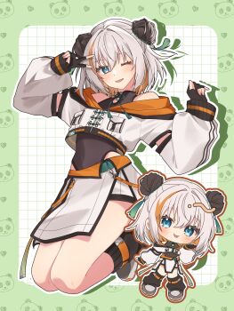 1girl absurdres arm_up black_gloves black_leg_warmers black_leotard blue_eyes border breast_pocket chibi colored_inner_hair commentary_request commission double_bun drop_shadow fingerless_gloves gloves green_border grid_background hair_bun hair_ornament hand_up highres hood hood_down hooded_shrug indie_virtual_youtuber jacket leg_warmers leotard looking_at_viewer multicolored_hair multiple_views o612o9 one_eye_closed orange_hair orange_hood outline outside_border panda pankou pinching_sleeves pocket rounded_corners second-party_source shoes shorts shrug_(clothing) skeb_commission sleeves_past_wrists streaked_hair tassel tassel_hair_ornament v white_background white_hair white_jacket white_outline white_shorts