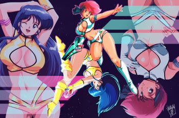 Rule 34 | 1980s (style), 2girls, blue eyes, blue hair, boots, breasts, crop top, danmakuman, dark-skinned female, dark skin, dirty pair, earrings, energy gun, gloves, headband, highres, jewelry, kei (dirty pair), large breasts, long hair, micro shorts, midriff, multiple girls, navel, oldschool, one eye closed, open mouth, ray gun, red eyes, red hair, retro artstyle, short hair, shorts, single glove, very long hair, weapon, white boots, white gloves, white shorts, yellow boots, yellow gloves, yellow shorts, yuri (dirty pair)