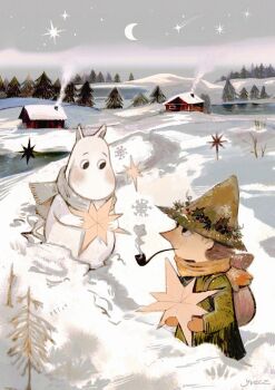2boys brown_hair furry furry_with_non-furry hat highres interspecies looking_at_another moomin moomintroll multiple_boys outdoors pelcron smoking_pipe snow snufkin