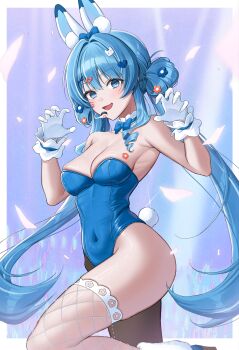 1girl :d absurdres animal_ear_fluff animal_ears arahashi_tabi armpits bare_shoulders blue_bow blue_bowtie blue_eyes blue_hair blue_leotard blush boots bow bowtie claw_pose covered_navel facial_mark fishnet_thighhighs fishnets fur-trimmed_boots fur_trim gloves hair_ornament hairclip headset heart heart_hair_ornament highres idasu_(hyun9164) leg_up leotard long_hair open_mouth playboy_bunny rabbit_ears rabbit_girl rabbit_tail skindentation smile solo sparkle standing standing_on_one_leg stellive strapless strapless_leotard tail thighhighs twintails very_long_hair virtual_youtuber white_gloves white_thighhighs x_hair_ornament