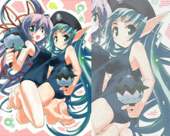 00s 2girls al_azif_(demonbane) black_one-piece_swimsuit demonbane elsa kurashima_tomoyasu multiple_girls one-piece_swimsuit pointy_ears school_swimsuit swimsuit