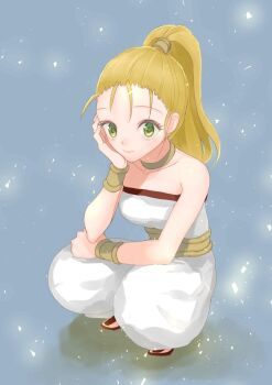 1girl akitaka_(s_asai) bare_shoulders blonde_hair chrono_trigger closed_mouth full_body green_eyes jewelry long_hair looking_at_viewer marle_(chrono_trigger) ponytail smile solo