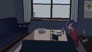 1girl animal animated animated_gif backlighting blinking blue_hair bowl calendar_(object) cat chopsticks closed_mouth couch cup curtains dithering food handheld_game_console indoors japanese_clothes kimono kotatsu kuuchuu_roukaku looping_animation original pixel_art plant potted_plant power_strip sitting sleeping_animal snow solo steam table tablet_pc window winter