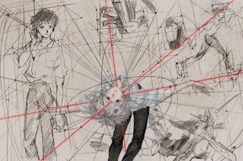 2boys abstract black_pants collared_shirt eva_01 evangelion_(mecha) grey_hair highres ikari_shinji instrument leaning_back male_focus multiple_boys nagisa_kaworu neon_genesis_evangelion outstretched_arms pants paper_texture piano red_eyes shirt sketch_background sketch_inset surreal vanishing_point white_background white_shirt zhiwukafuka