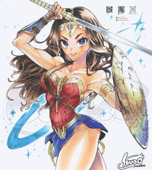 1girl animification armlet asymmetrical_dual_wielding blue_eyes bracer breasts circlet commentary cowboy_shot dc_comics dc_extended_universe dual_wielding gold_armlet gold_circlet hashtag-only_commentary highres holding holding_shield holding_sword holding_weapon jewelry lasso_of_truth long_hair looking_at_viewer parted_hair qr_code ringed_eyes sample_watermark shield smile solo sunao_saito sword symbol-only_commentary toned toned_female watermark weapon white_background wonder_woman wonder_woman_(movie) wonder_woman_(series)