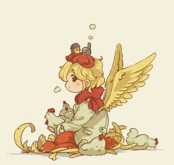 1girl alternate_costume animal animal_on_head artist_name baby_animal bird bird_on_head bird_tail blonde_hair chick chicken commentary dated feathered_wings holding holding_animal jacket looking_at_viewer medium_hair multicolored_hair niwatari_kutaka on_head puff_of_air red_eyes red_hair red_scarf red_skirt scarf simple_background sitting skirt solo tail tami_(joemanyodw) touhou two-tone_hair white_jacket wings winter_clothes yellow_background yellow_wings