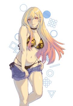 1girl artist_request barbell_piercing bikini black_bikini black_choker blonde_hair breasts choker closed_mouth ear_piercing floral_print floral_print_bikini gradient_hair highres industrial_piercing kitagawa_marin long_hair multicolored_hair nail_polish navel piercing pink_hair pink_nails print_bikini red_eyes shorts smile solo sono_bisque_doll_wa_koi_wo_suru swimsuit