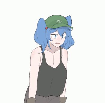 Rule 34 | 1girl, ?, animated, animated gif, armpits, bare shoulders, black gloves, black shorts, blue eyes, blue hair, breasts, cleavage, collarbone, commentary, cowboy shot, english commentary, gloves, green hat, hat, inverted nipples, kawashiro nitori, large breasts, looking at viewer, mata (matasoup), medium hair, navel, nipples, open mouth, puff of air, shorts, stomach, tank top, topless female, touhou, twintails, undressing, white background, wiping forehead