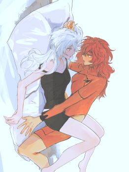 2girls absurdres after_kiss between_legs black_shorts black_tank_top blue_background blush bodysuit breasts commentary_request eye_contact gundam gundam_suisei_no_majo highres long_hair looking_at_another medium_breasts miorine_rembran multiple_girls on_bed open_mouth orange_bodysuit pillow red_hair saliva saliva_trail she_(morianosu) shorts sideways simple_background suletta_mercury tank_top thick_eyebrows white_hair yuri