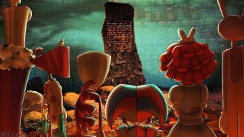 2girls 2others 3girls a.m creepy crossover doll_girl dress gangle_(the_amazing_digital_circus) gloves hat hate_pillar_(ihnmaims) i_have_no_mouth_and_i_must_scream jax_(the_amazing_digital_circus) jester jester_cap jester_girl kinger_(the_amazing_digital_circus) llux_entz long_dress looking_at_another mask multiple_girls multiple_others pomni_(the_amazing_digital_circus) ragatha_(the_amazing_digital_circus) ragdoll red_hair red_ribbon ribbon shaded_face smile the_amazing_digital_circus trait_connection twitter_username