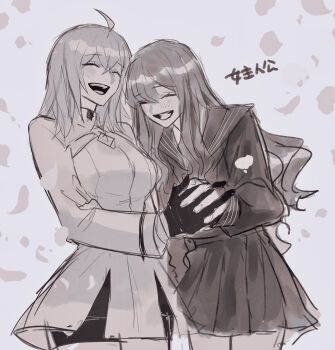 Rule 34 | 2girls, ahoge, black gloves, blush, breasts, closed eyes, commentary request, cowboy shot, dress, falling petals, fate/extra, fate/grand order, fate (series), fujimaru ritsuka (female), fujimaru ritsuka (female) (decisive battle chaldea uniform), gloves, hair between eyes, highres, interlocked fingers, kishinami hakuno (female), long hair, long sleeves, medium breasts, medium hair, multiple girls, open mouth, ou syoku7, petals, pleated skirt, sailor collar, sailor dress, sidelocks, sketch, skirt, smile, teeth, upper teeth only