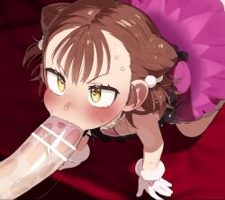 1boy 1girl age_difference all_fours animated annoyed bar_censor blush brown_hair censored disembodied_penis dress erection feet fellatio flat_chest gloves hair_ornament highres legs loli looping_animation medalist_(manga) medium_hair miketa_ryouka mizumizuni oral penis saliva sweat sweatdrop tagme tears thighs video yellow_eyes