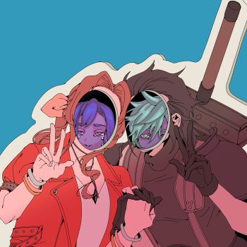 Rule 34 | 2boys, 2girls, aerith gainsborough, armor, black gloves, black hair, black sweater, blue background, blue eyes, bracelet, brown hair, buster sword, cloud strife, commentary, dress, english commentary, final fantasy, final fantasy vii, final fantasy vii remake, gloves, hair ribbon, hair slicked back, highres, holding hands, interlocked fingers, jacket, jewelry, long hair, multiple boys, multiple girls, open clothes, open jacket, pink dress, pink ribbon, red eyes, red jacket, ribbon, short sleeves, shoulder armor, sleeveless, sleeveless turtleneck, spiked hair, sweater, sword, sword on back, tears, tifa lockhart, turtleneck, turtleneck sweater, upper body, w, weapon, weapon on back, worldformula, zack fair