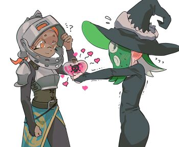 2girls ? armor black_dress black_hat blush bottle cephalopod_eyes cross-shaped_pupils dark-skinned_female dark_skin dress flustered frye_(splatoon) giving green_hair grey_armor grey_helmet halloween halloween_costume hat heart helmet highres holding holding_bottle holding_potion inkling knight long_sleeves love_potion mokana_moka multiple_girls nintendo octoling octopus_girl official_alternate_costume orange_hair pointy_ears potion shiver_(splatoon) short_hair shy skull_and_crossbones smile splatoon_(series) splatoon_3 squid_girl suction_cups symbol-shaped_pupils tentacle_hair trembling white_background witch witch_hat wizard wizard_hat yuri