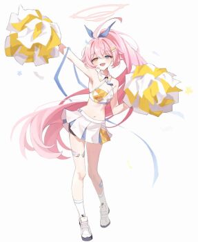 1girl :d ahoge alternate_costume arm_up armpits bandaid bandaid_on_leg bare_arms bare_shoulders bike_shorts blue_archive blue_bow blue_eyes blue_necktie bow breasts cheering cheerleader cleavage contrapposto cosplay criss-cross_halter detached_collar fang full_body hair_bow hair_flaps hair_ornament hairclip halo halterneck hand_up heterochromia high_ponytail holding holding_pom_poms hoshino_(blue_archive) huge_ahoge imro_0000 long_hair looking_at_viewer midriff millennium_cheerleader_outfit_(blue_archive) miniskirt navel necktie open_mouth orange_eyes parallel_hairclips pink_hair pink_halo pleated_skirt pom_pom_(cheerleading) pom_poms ponytail shoes short_necktie simple_background skin_fang skirt small_breasts smile sneakers socks solo sports_bra standing star_(symbol) sweat very_long_hair white_background white_shoes white_skirt white_socks white_sports_bra