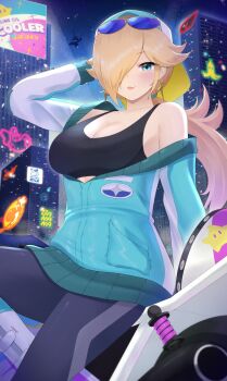 1girl backwards_hat bare_shoulders baseball_cap black_pants black_sports_bra blonde_hair blue-tinted_eyewear blue_eyes blue_jacket blush breasts building cleavage commentary cowboy_shot doiparuni earrings english_commentary hair_over_one_eye hat highres jacket jewelry large_breasts mario_(series) mario_kart mario_kart_world motor_vehicle night nintendo pants ponytail rosalina sitting skyscraper solo sports_bra star_(symbol) star_earrings sunglasses super_mario_galaxy tinted_eyewear