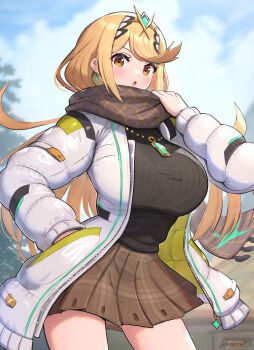 Rule 34 | 1girl, adjusting scarf, alternate costume, artist name, blonde hair, blurry, blurry background, breasts, brown scarf, coat, commentary, core crystal (xenoblade), flipped bangs, gonzarez, hand in pocket, highres, large breasts, long hair, looking at viewer, mythra (xenoblade), open clothes, open coat, parted lips, pleated skirt, puffy coat, scarf, skirt, solo, sweat, white coat, xenoblade chronicles (series), xenoblade chronicles 2