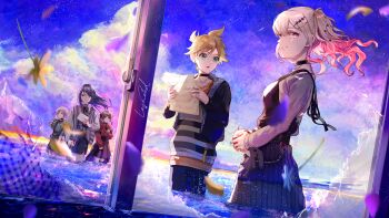 1boy 4girls apple aqua_eyes arm_up black_choker black_dress black_hair black_pants black_skirt blonde_hair blouse blurry blurry_foreground breasts broken_window brown_hair choker collared_shirt commentary_request dress dual_persona dutch_angle earrings food fruit grey_jacket grey_shirt hair_ornament hairclip hands_up highres hinomori_shiho holding holding_food holding_fruit holding_paper hoshino_ichika_(project_sekai) jacket jewelry kagamine_len leo/need_(project_sekai) leo/need_len long_hair long_sleeves looking_at_another looking_at_viewer mochizuki_honami multiple_girls natsuki_kaori_(artist) no_seek_no_find_(project_sekai) official_alternate_costume orange_shirt outdoors pants paper parallel_hairclips parted_lips pencil_skirt pink_eyes project_sekai red_jacket reflection see-through_clothes shirt short_hair sidelocks sideways_glance skirt sleeveless sleeveless_dress small_breasts star_(symbol) star_hair_ornament striped_clothes striped_sweater stuffed_animal stuffed_rabbit stuffed_toy sweater tenma_saki thigh_strap twintails wading