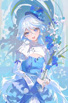 Rule 34 | 1girl, absurdres, ahoge, alternate costume, blue background, blue dress, blue eyes, blue flower, blue gem, blue hat, blue ribbon, blue streaks, breasts, collared shrug, commentary, cowboy shot, dress, drop-shaped pupils, eyelash ornament, flower, frilled dress, frills, furina (genshin impact), gem, genshin impact, hair intakes, hat, head tilt, heterochromia, highres, holding vase, juliet sleeves, light blush, long hair, long sleeves, multicolored hair, open mouth, puffy sleeves, ribbon, shrug (clothing), small breasts, solo, streaked hair, symbol-only commentary, symbol-shaped pupils, teeth, top hat, upper teeth only, white flower, white hair, white shrug, yutou (yutou75)