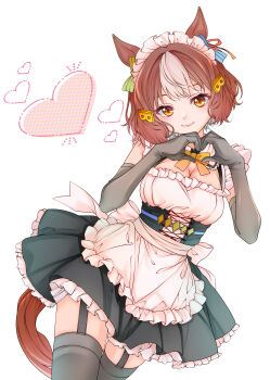 1girl absurdres animal_ears apron belno_light_(umamusume) black_corset black_dress black_gloves black_thighhighs blush bow breasts brown_hair closed_mouth corset dress ear_ornament ear_ribbon elbow_gloves fang frills garter_straps gloves hair_ornament heart highres horse_ears horse_girl horse_tail letter_hair_ornament looking_at_viewer maid maid_apron maid_headdress medium_breasts multicolored_hair reishi_(litvyak) short_hair skin_fang sleeveless sleeveless_dress smile tail thighhighs two-tone_hair umamusume umamusume:_cinderella_gray white_apron white_hair white_headdress