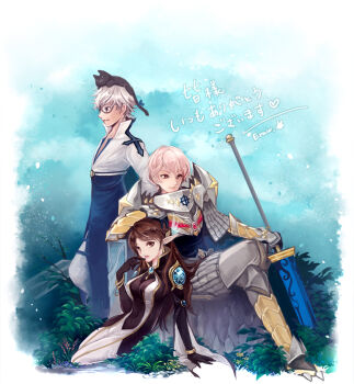 1girl 2boys animal animal_on_head arch_bishop_(ragnarok_online) armor armored_boots black_bodysuit black_cat black_gloves blue_coat blue_gemstone blue_shirt blue_sky bodysuit boots border breastplate breasts brown_eyes brown_hair cat cat_on_head closed_mouth cloud coat commentary_request elbow_gloves faulds gauntlets gem gloves gobaku_no_hito grass grey_hair long_hair looking_afar looking_at_viewer medium_breasts multiple_boys on_head outdoors pants pauldrons pink_eyes pink_hair pointy_ears ragnarok_masters ragnarok_online rock royal_guard_(ragnarok_online) shirt short_hair shoulder_armor sitting sky standing sword warlock_(ragnarok_online) weapon white_border white_pants