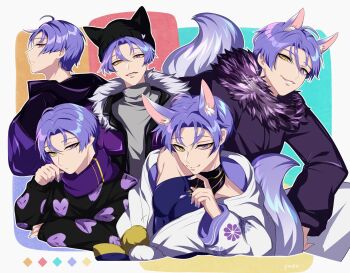 5boys animal_ear_fluff animal_ears bare_shoulders beanie coat finger_on_chin fox_boy fox_ears fox_tail fur_trim gloves half_gloves hand_on_chin hat heterochromia highres kuya_(nu_carnival) looking_at_viewer looking_back male_focus mole mole_under_eye multiple_boys multiple_persona nail_polish nu_carnival off_shoulder purple_eyes purple_fur purple_hair short_hair smile smug smug tail teeth yadome810 yellow_eyes