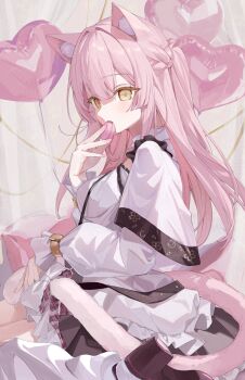 1girl animal_ears balloon blunt_sidelocks bracelet braid capelet cat_ears cat_girl cat_tail commission dress eating food gold_bracelet heart_balloon highres indie_virtual_youtuber jewelry long_hair long_sleeves macaron munmosshu pink_hair pink_nails roena sidelocks skeb_commission solo tail upper_body virtual_youtuber white_capelet white_dress yellow_eyes