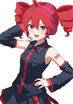 1girl :d absurdres ahoge arm_up armpits black_shirt black_skirt black_sleeves blush breast_pocket breasts collared_shirt detached_sleeves drill_hair hair_between_eyes hand_in_own_hair hand_on_own_hip hashtag-only_commentary headset highres kasane_teto kasane_teto_(utau) long_sleeves looking_at_viewer nail_polish necktie number_tattoo open_mouth pleated_skirt pocket re2ed red_eyes red_hair red_nails red_tattoo red_trim shirt short_hair shoulder_tattoo sidelocks simple_background skirt sleeveless sleeveless_shirt small_breasts smile solo tattoo twin_drills untucked_shirt upper_body utau v-shaped_eyebrows white_background