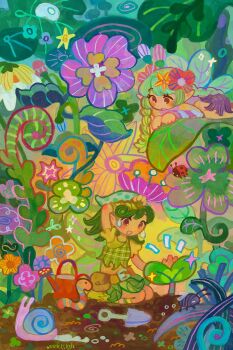 2girls artist_name bandana belt brown_eyes bug commentary dirt english_commentary flower foliage grass green_hair hair_flower hair_ornament highres insect ladybug leaf long_hair mini_person minigirl multiple_girls nature original pink_flower plant pointy_ears scenery shovel signature snail sparkle vicki_tsai watering_can worm