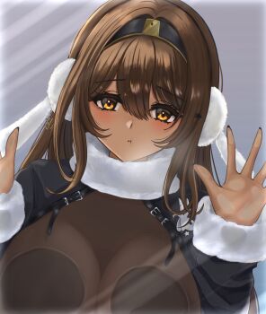 1girl against_fourth_wall against_glass alternate_costume black_hairband black_nails black_shrug blush bodystocking breast_press breasts breasts_on_glass brown_hair closed_mouth commentary_request dark-skinned_female dark_skin earmuffs fourth_wall goddess_of_victory:_nikke hair_between_eyes hairband hand_on_glass highres large_breasts long_hair looking_at_viewer noir_(nikke) pout shrug_(clothing) sidelocks simple_background solo standing sunameri_(pixiv3564245) upper_body yellow_eyes