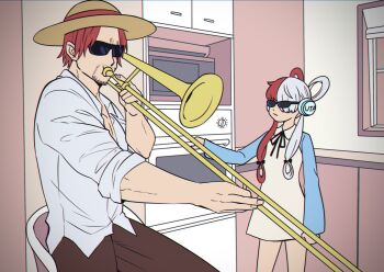 1boy 1girl age_difference artist_request facial_hair father_and_daughter hat headphones highres instrument kitchen long_hair meme multicolored_hair one_piece one_piece_film:_red parody red_hair saxophone shanks_(one_piece) smile straw_hat sunglasses two-tone_hair uta_(one_piece) very_long_hair what