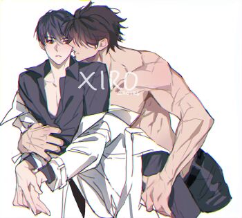 2boys artist_name belt black_eyes black_hair black_shirt coat coat_partially_removed collared_shirt commentary_request feet_out_of_frame hand_on_another&#039;s_arm hand_on_another&#039;s_leg kim_dokja korean_commentary leaning_forward looking_at_another male_focus multiple_boys multiple_scars muscular muscular_male no_shirt omniscient_reader&#039;s_viewpoint own_hands_together parted_lips partially_open_shirt pectorals scar scar_on_arm scar_on_hand shirt short_hair white_coat xiro yaoi yoo_joonghyuk