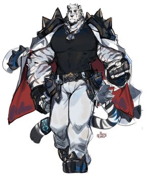 1boy absurdres animal_ears arknights armor bara belt black_tank_top chain chain_necklace covered_abs dog_tags facial_hair fingerless_gloves full_body furry furry_male gloves goatee graysheartart highres jacket jacket_on_shoulders jewelry large_pectorals looking_at_viewer male_focus mountain_(arknights) muscular muscular_male necklace pants pauldrons pectorals scar scar_across_eye scar_on_arm scar_on_face shirt short_hair shoulder_armor shoulder_spikes sketch solo spikes tail tail_ornament tail_ring tank_top thick_eyebrows thick_thighs thighs tiger_boy tiger_ears tiger_stripes tiger_tail tight_clothes tight_shirt walking white_fur white_hair white_pants