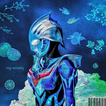 Rule 34 | 1boy, alien, armor, artist name, blue background, blue skin, blue theme, breastplate, cloud, color timer, colored skin, commentary, compound eyes, dorsal fin, english text, fish, fish request, food, from side, fruit, fruit background, fruit request, giant, giant male, glowing, glowing eyes, highres, looking ahead, male focus, mixed-language text, multicolored skin, obakelope0530, pectorals, romaji text, shoulder armor, silver skin, solo, tokusatsu, toned, toned male, two-tone skin, ultra series, ultraman nexus, ultraman nexus (series), ultraman nexus junis blue, upper body, white eyes
