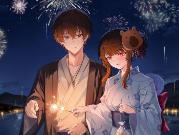 Rule 34 | 1boy, 1girl, absurdres, aerial fireworks, alternate costume, alternate hairstyle, black hair, black kimono, blush, breasts, bright pupils, chisa (wuthering waves), closed mouth, collarbone, commentary, fireworks, hair between eyes, hair up, highres, holding, holding fireworks, japanese clothes, kimono, large breasts, looking at another, male rover (wuthering waves), mask, mask on head, mole, mole under eye, night, obi, outdoors, parted lips, red eyes, rover (wuthering waves), sash, sidelocks, smile, sparkler, white kimono, white pupils, wuthering waves, xiongji z z, yellow eyes