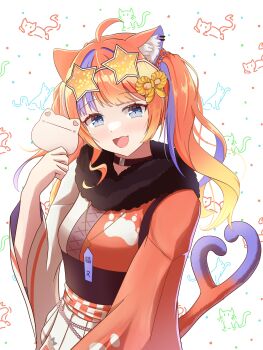 1girl absurdres ahoge animal_ear_fluff animal_ear_piercing animal_ears apron asymmetrical_sleeves black_choker blue_eyes blue_hair blush braid cat_ears cat_girl cat_tail chain checkered_clothes choker cowboy_shot eyewear_on_head fang forked_tail frilled_skirt frills fur_collar gradient_hair gradient_tail hair_ornament hand_up highres holding holding_paper japanese_clothes kimono kimono_skirt layered_skirt long_hair long_sleeves looking_at_viewer mismatched_sleeves multicolored_hair multicolored_kimono multiple_tails nekomata nekoyashiki_miku nijisanji obi open_mouth orange-tinted_eyewear orange_hair paper paw_print red_hair red_kimono rope sash shimenawa skirt smile solo standing star-shaped_eyewear star_(symbol) streaked_hair sunglasses tail tinted_eyewear twintails twintails_with_braided_base virtual_youtuber waist_apron white_apron white_background white_kimono wide_sleeves yuudachi_(yu_datip)